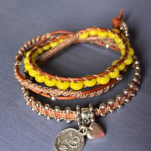 Yellow Beaded Multi-Strand Wrap Bracelet with Heart and Coin Charms
